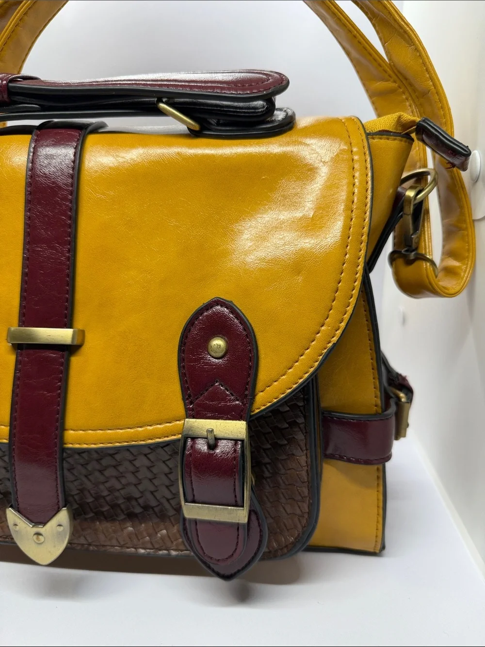 Yellow and Burgundy Leather Satchel with Woven Brown Accent